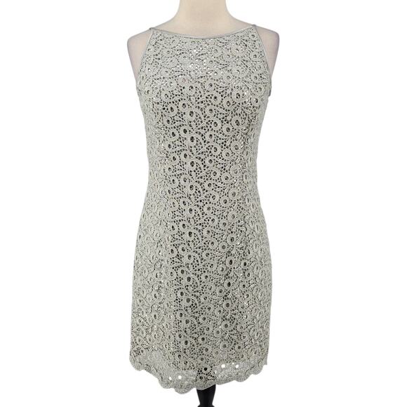 Jessica McClintock Shimmer Metallic Lace Sheath Dress with Glitter lining - Picture 1 of 10
